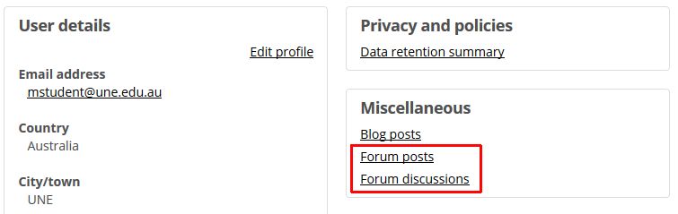 A dashboard page showing links to forum reports