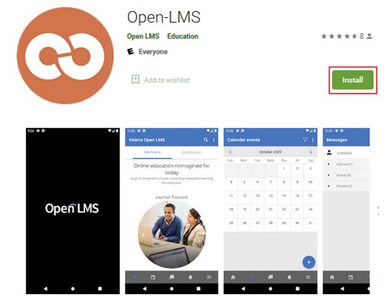 OPEN LMS Android download page with install icon highlighted